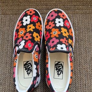 Vans Black and Red Floral Canvas Slip-On Sneakers